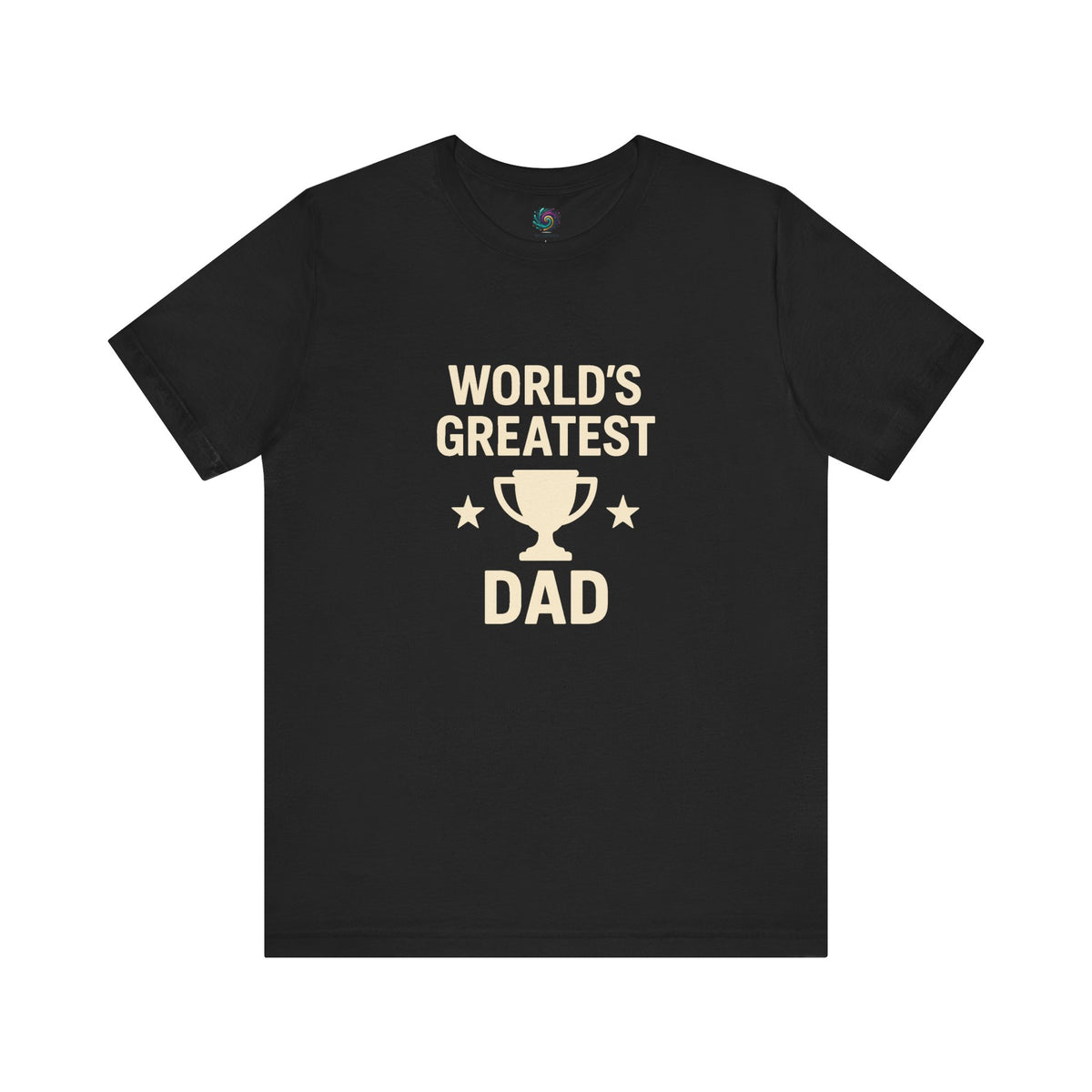 World's Greatest Dad T-Shirt – Trophy Graphic Father's Day Gift Tee in black with high contrast white text and award symbol.