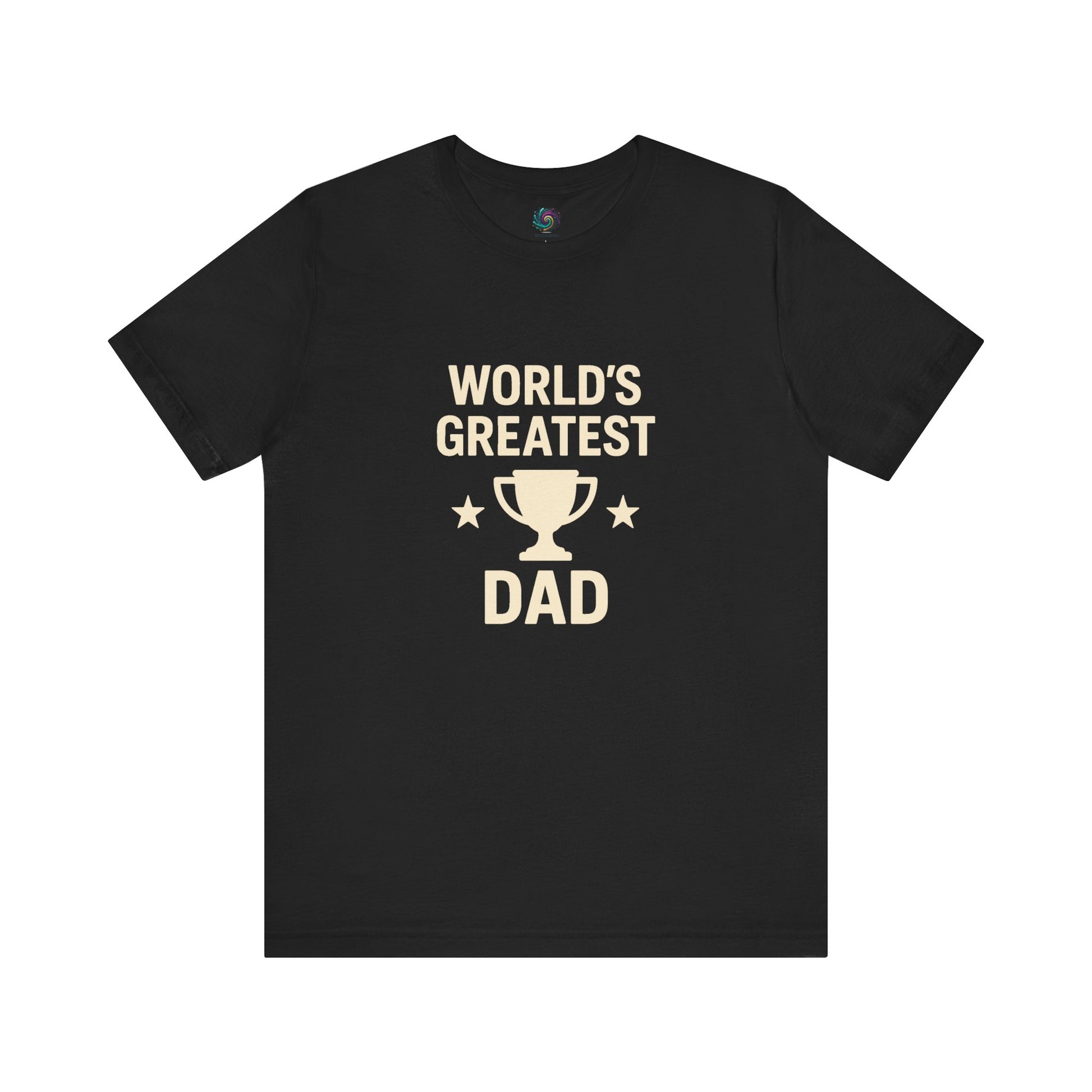 World's Greatest Dad T-Shirt – Trophy Graphic Father's Day Gift Tee in black with high contrast white text and award symbol.
