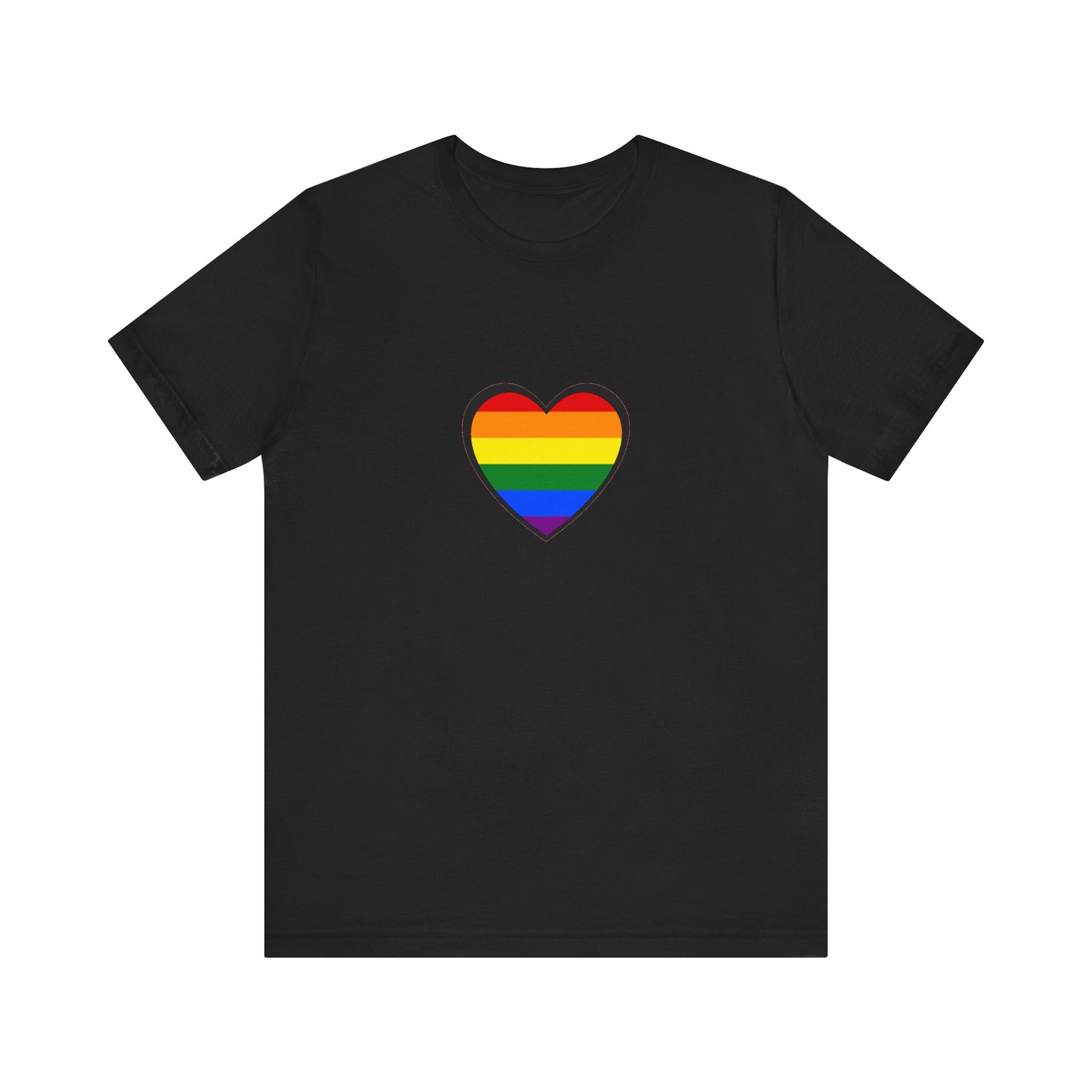 Pride Heart Flag T-Shirt  - Black pride heart shirt with rainbow heart symbol – unisex LGBTQ apparel