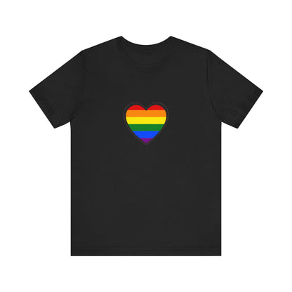 Pride Heart Flag T-Shirt  - Black pride heart shirt with rainbow heart symbol – unisex LGBTQ apparel