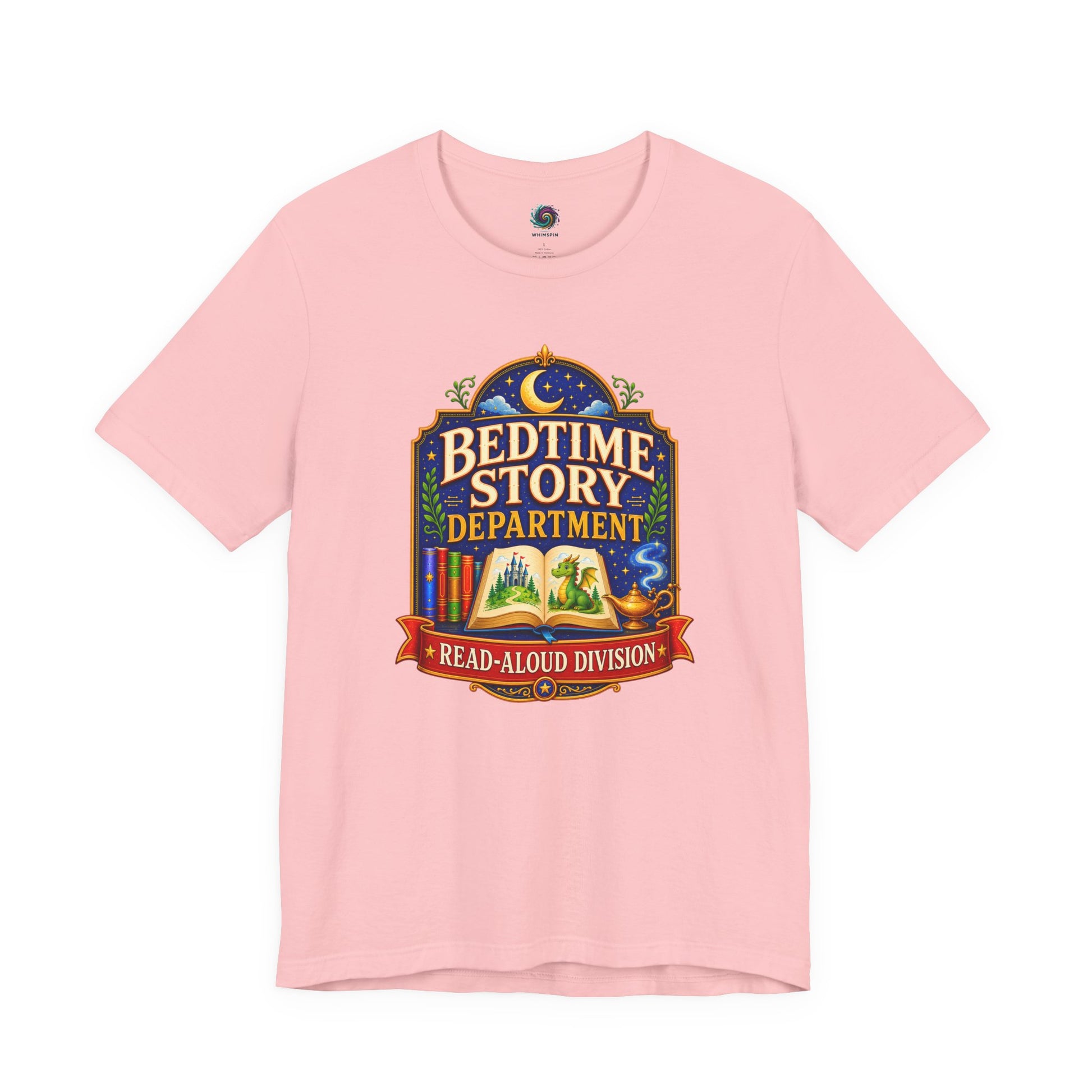 Bedtime Story Department T-Shirt – Read-Aloud Parent Tee on pink with a sweet read-aloud gift idea for caregivers.