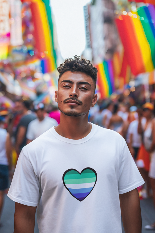 Gay Men's Pride Flag Heart T-Shirt – LGBTQ+ Flag Design on Unisex Tee shown on a man at a pride parade, featuring a gay pride heart in blue and green tones.