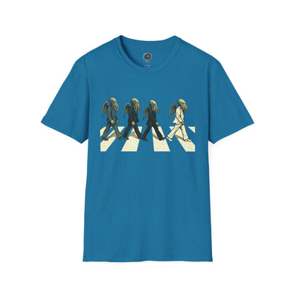 Blue Cthulhu Crossing T-Shirt – Beatles Abbey Road Parody Tee | WhimSpin - WhimSpin - https://whimspin.com