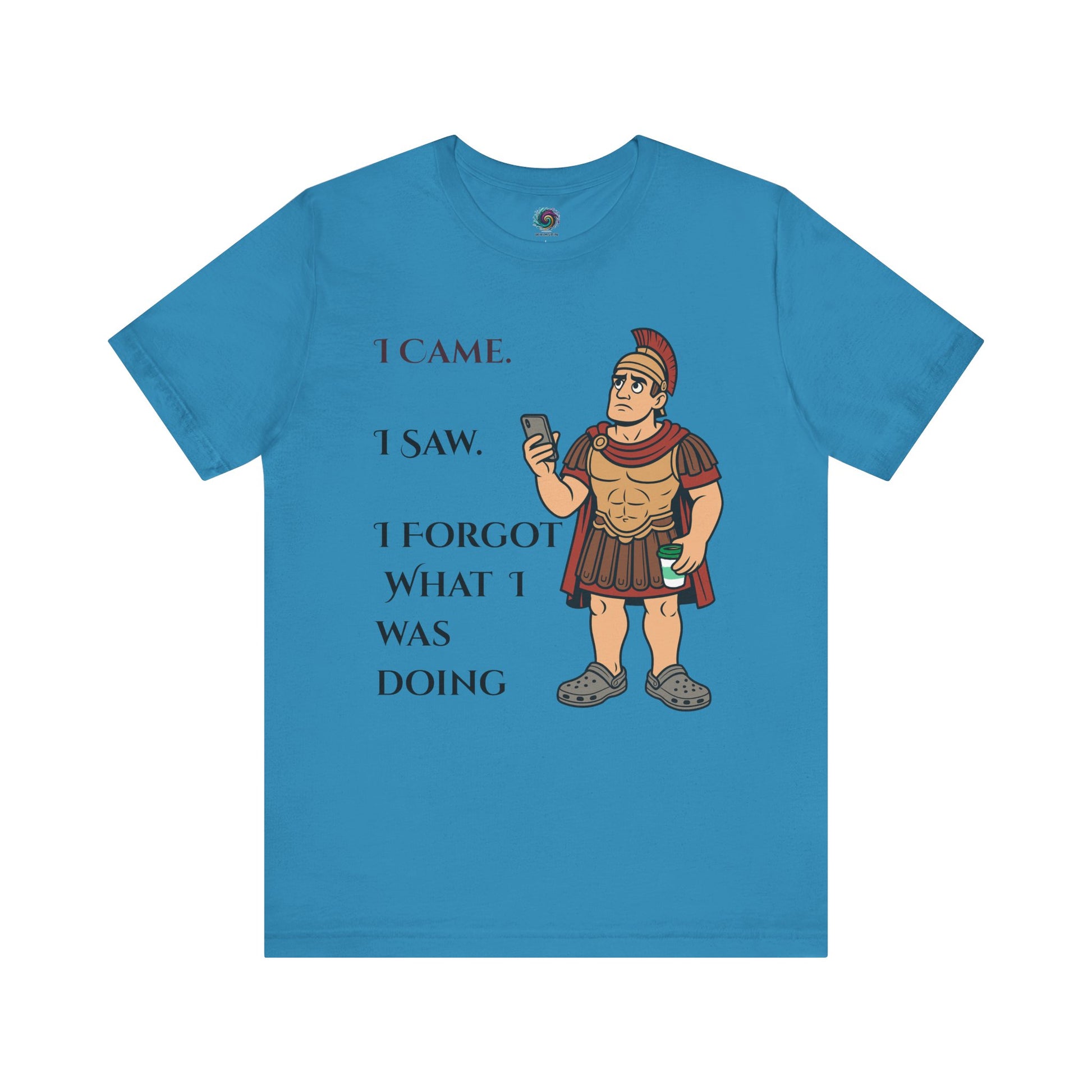 Blue I Came, I Saw, I Forgot T-Shirt – Funny ADHD-Inspired Tee with a Roman soldier graphic and text on a white background