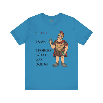 Blue I Came, I Saw, I Forgot T-Shirt – Funny ADHD-Inspired Tee with a Roman soldier graphic and text on a white background