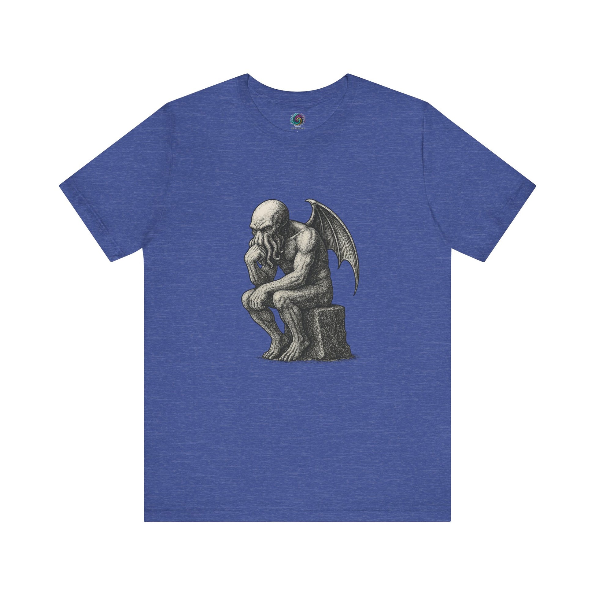 The Thinker Cthulhu Shirt – Lovecraftian Funny T-Shirt Unisex Graphic Tee in true royal blue with a funny Cthulhu statue design parodying The Thinker.