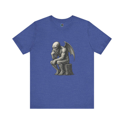 The Thinker Cthulhu Shirt – Lovecraftian Funny T-Shirt Unisex Graphic Tee in true royal blue with a funny Cthulhu statue design parodying The Thinker.