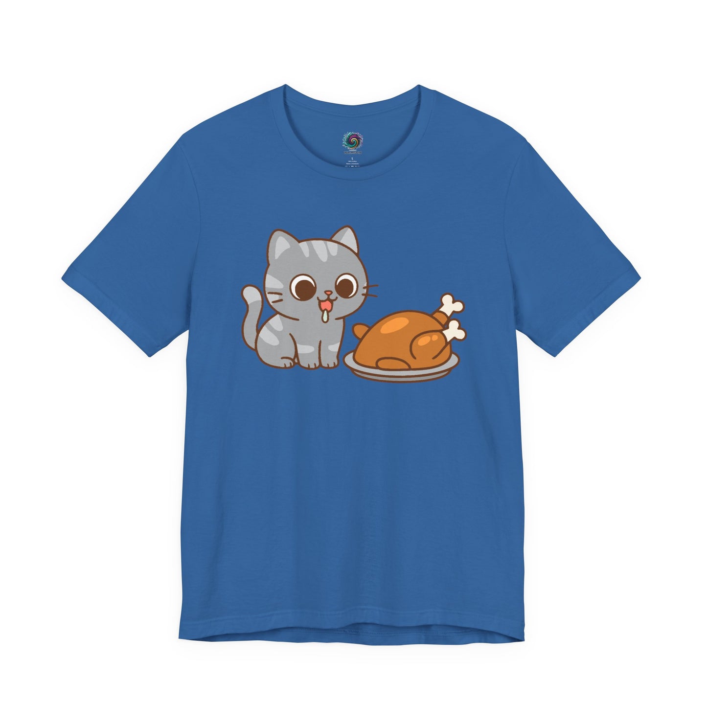 Thanksgiving Cat T-Shirt – Cute Hungry Cat and Turkey Tee in Columbia Blue featuring a cartoon gray cat and roast turkey