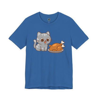 Thanksgiving Cat T-Shirt – Cute Hungry Cat and Turkey Tee in Columbia Blue featuring a cartoon gray cat and roast turkey
