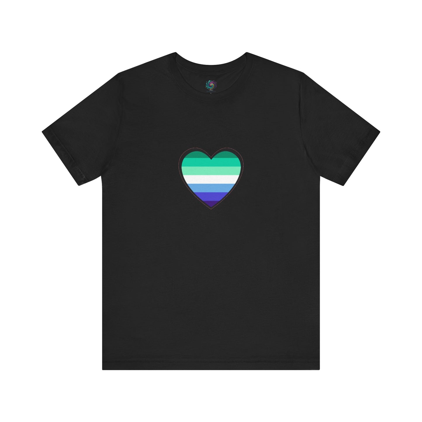 Gay Men's Pride Flag Heart T-Shirt – LGBTQ+ Flag Design on Unisex Tee in black, showcasing a striking gay pride flag heart in blue, green, and white.