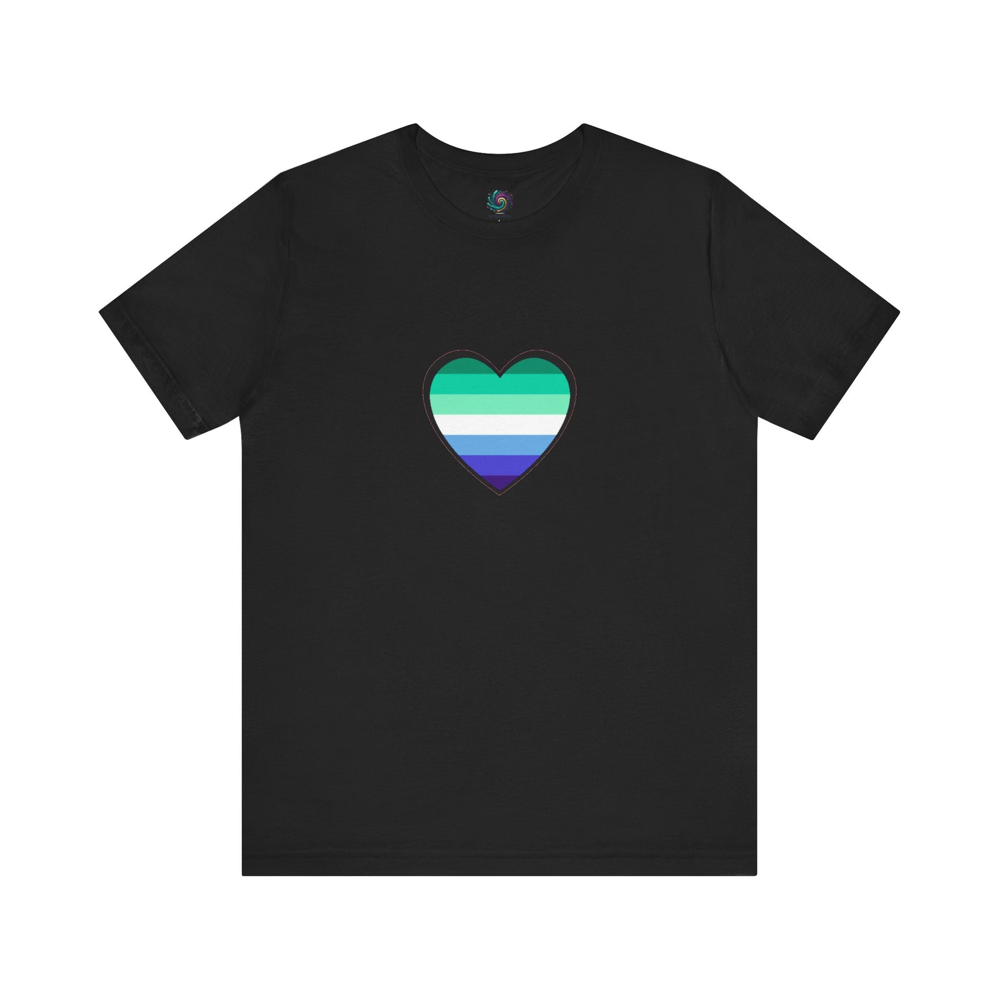 Gay Men's Pride Flag Heart T-Shirt – LGBTQ+ Flag Design on Unisex Tee in black, showcasing a striking gay pride flag heart in blue, green, and white.