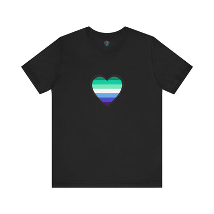 Gay Men's Pride Flag Heart T-Shirt – LGBTQ+ Flag Design on Unisex Tee in black, showcasing a striking gay pride flag heart in blue, green, and white.