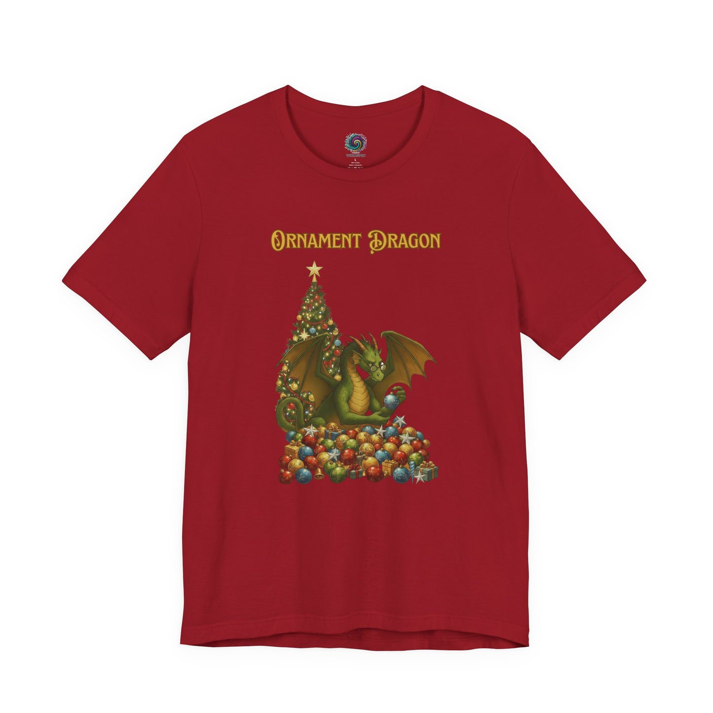 Ornament Dragon T-Shirt – Christmas Dragon Tee for Ornament Lovers, in canvas red with festive tree and ornament dragon design