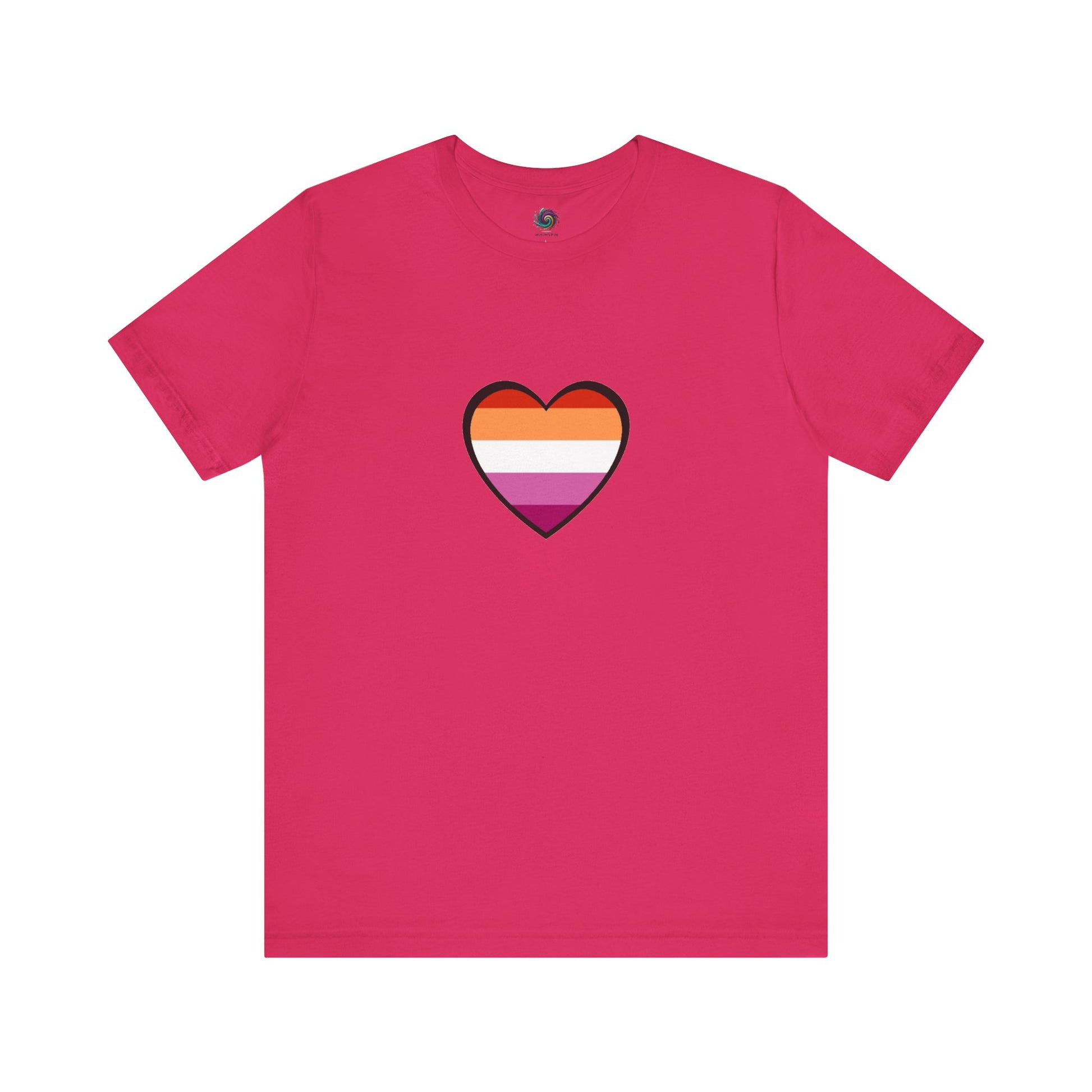 Lesbian Pride Flag Heart T-Shirt – Bold LGBTQ+ Graphic Tee in fuchsia, featuring a high-contrast lesbian heart flag design for statement-making pride.