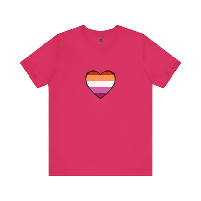 Lesbian Pride Flag Heart T-Shirt – Bold LGBTQ+ Graphic Tee in fuchsia, featuring a high-contrast lesbian heart flag design for statement-making pride.
