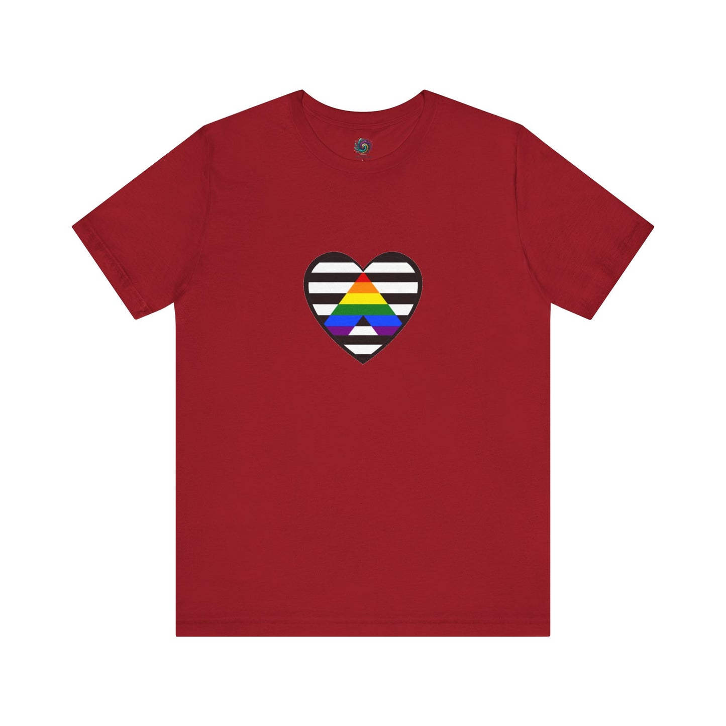 Heart Ally Flag T-Shirt – Subtle LGBTQ+ Support with Bold Pride in cardinal red, with the rainbow-arrow heart design symbolizing strong straight ally support.