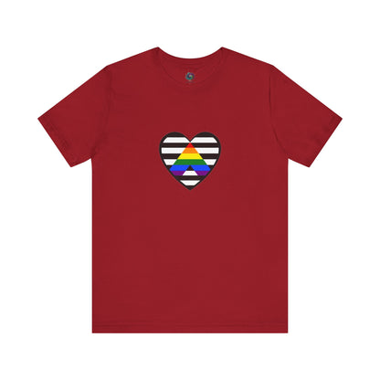 Heart Ally Flag T-Shirt – Subtle LGBTQ+ Support with Bold Pride in cardinal red, with the rainbow-arrow heart design symbolizing strong straight ally support.