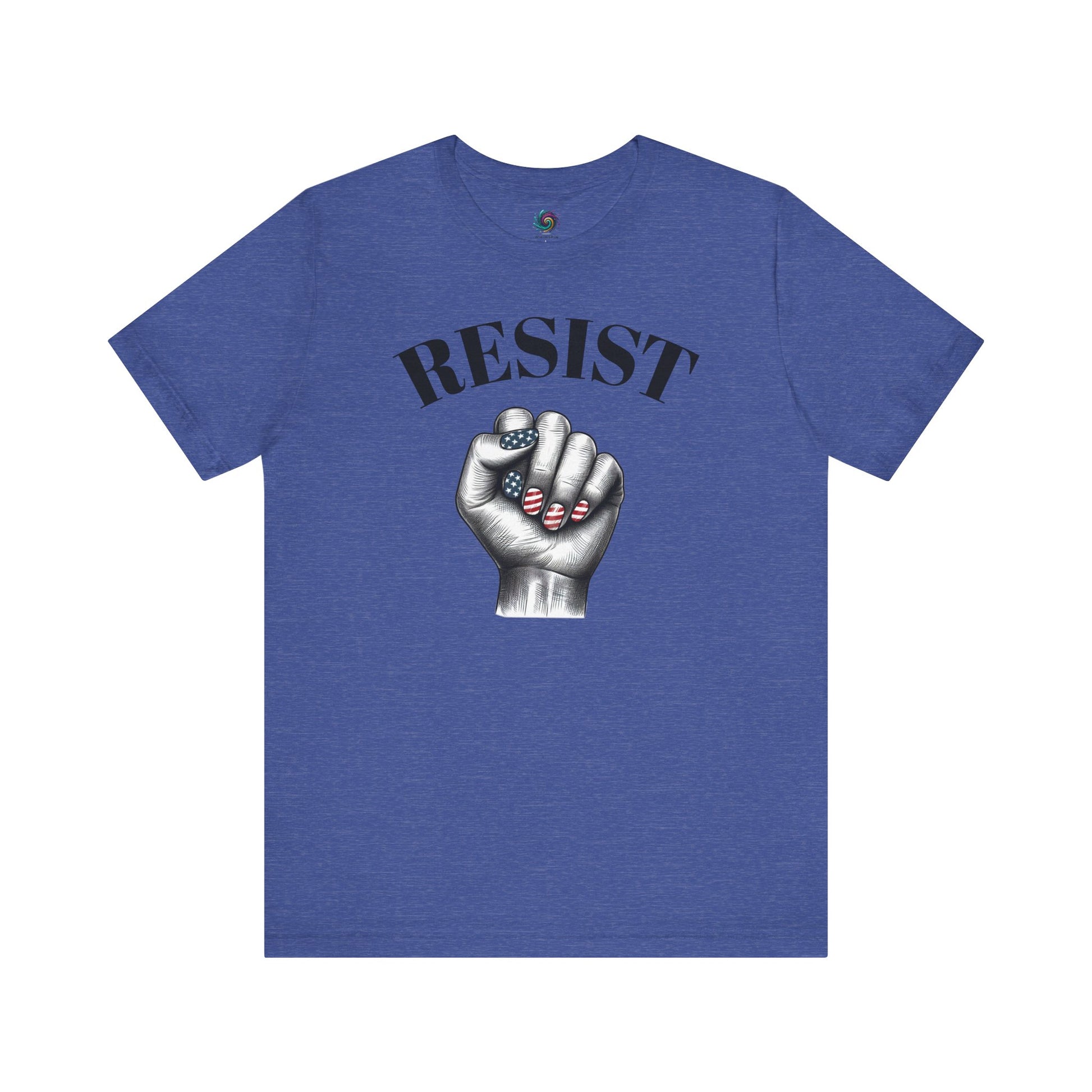 Resist Feminist Power Fist Tee in heather true royal, combining patriotic colors with powerful feminist messaging.