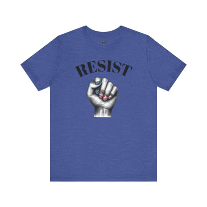 Resist Feminist Power Fist Tee in heather true royal, combining patriotic colors with powerful feminist messaging.