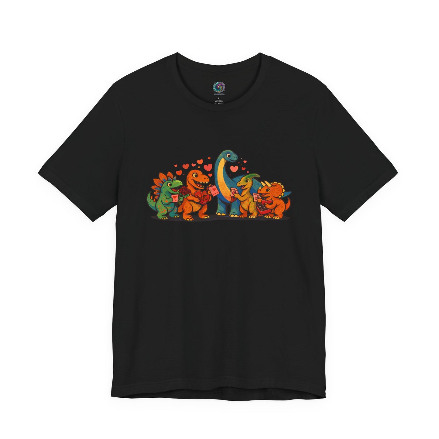 Dinosaur Valentines T-Shirt – Cute Dino Valentine’s Day Tee in Black with vibrant dinosaur valentines artwork that pops against a dark, classic background