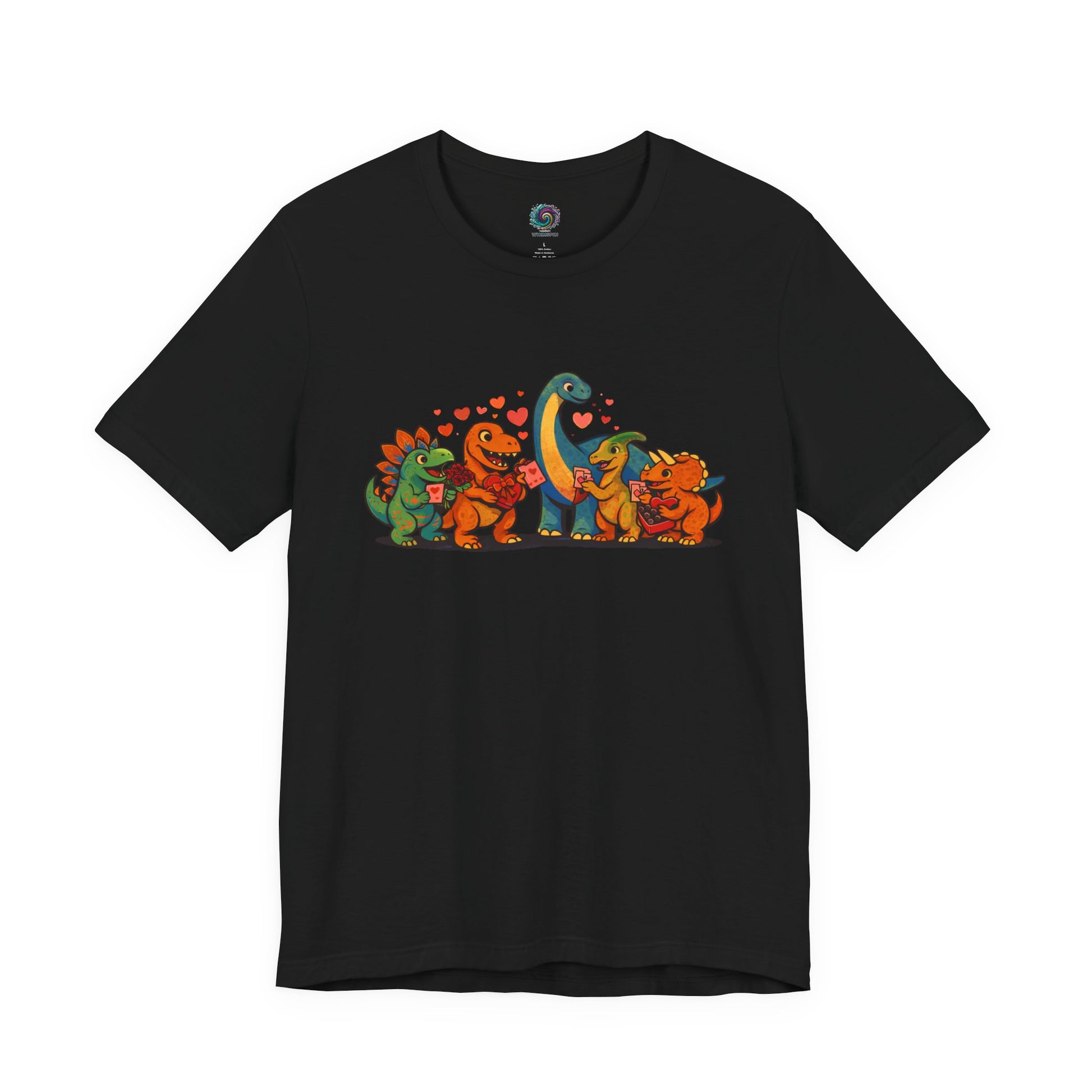 Dinosaur Valentines T-Shirt – Cute Dino Valentine’s Day Tee in Black with vibrant dinosaur valentines artwork that pops against a dark, classic background