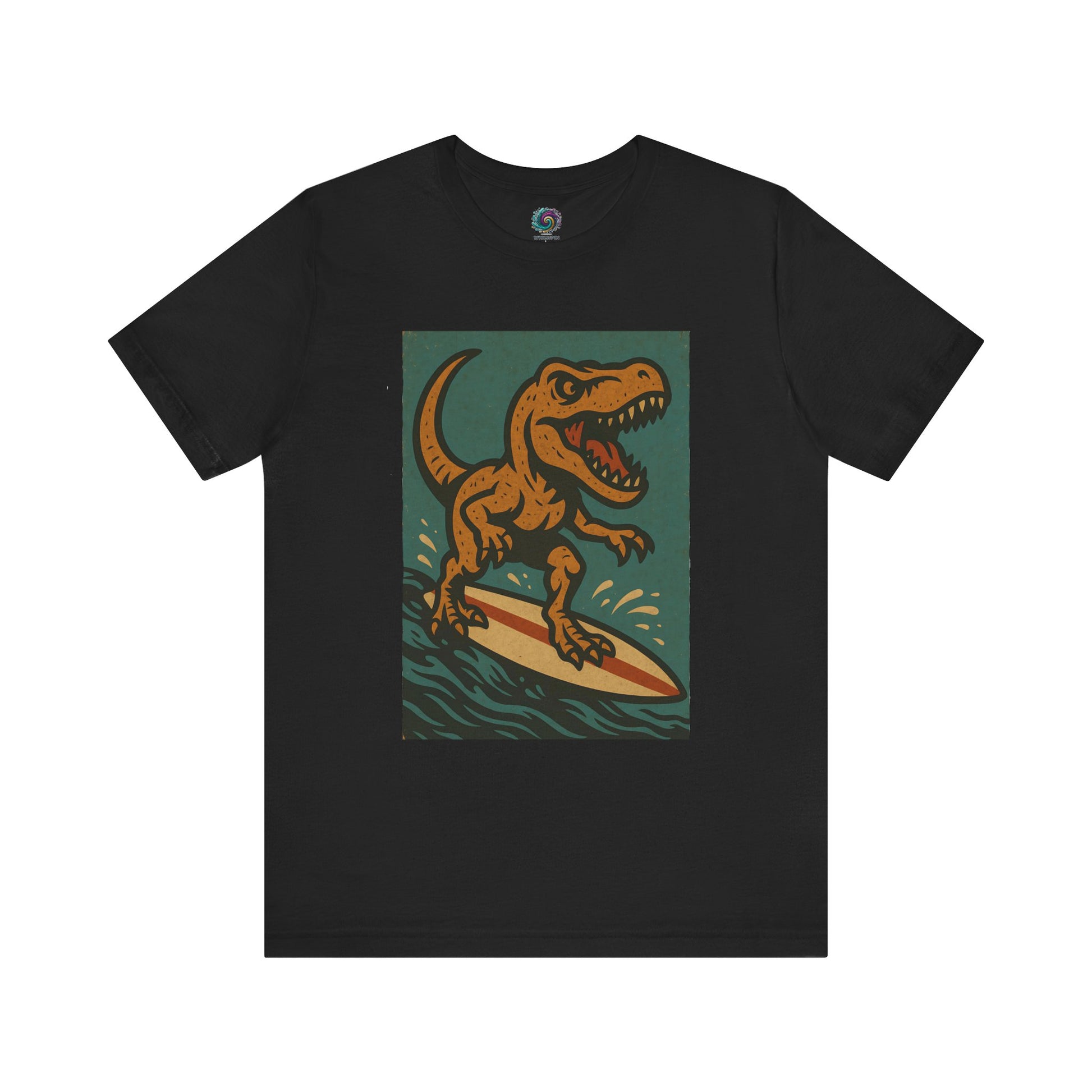 Surfing T-Rex T-Shirt – Funny Dinosaur surfing Graphic Tee in black, perfect for fans of surfing dinosaur apparel and edgy beachwear. showing a dinosaur surf scene perfect for fans of bold beachwear and surfing tees.