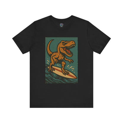 Surfing T-Rex T-Shirt – Funny Dinosaur surfing Graphic Tee in black, perfect for fans of surfing dinosaur apparel and edgy beachwear. showing a dinosaur surf scene perfect for fans of bold beachwear and surfing tees.