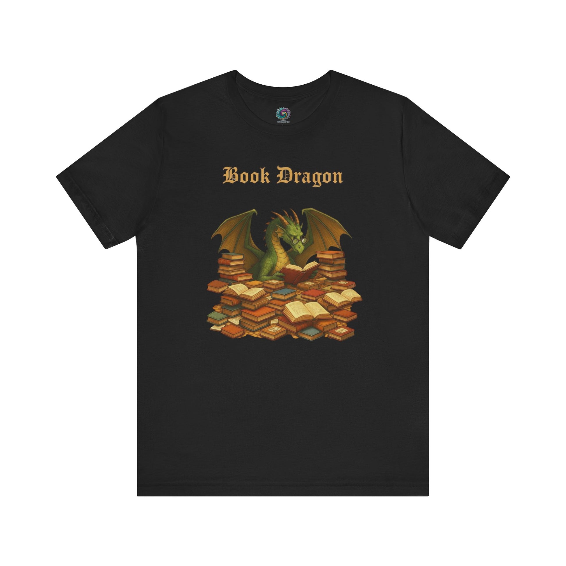 Book Dragon T-Shirt – Funny Book Lover Shirt printed on black, with a fantasy dragon reading amid a stack of books