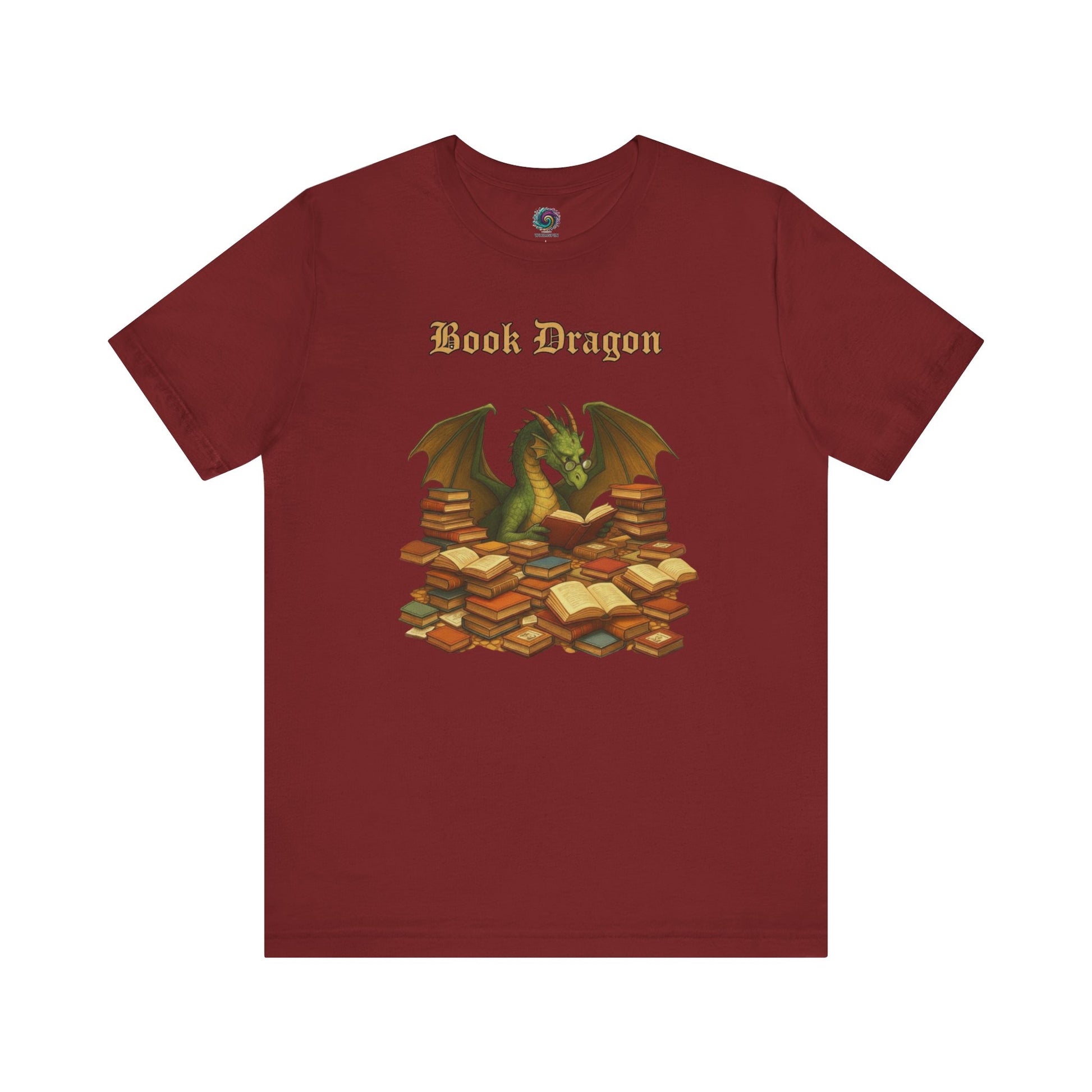 Book Dragon T-Shirt – Funny Book Lover Shirt printed on cardinal red, featuring a dragon surrounded by a book pile
