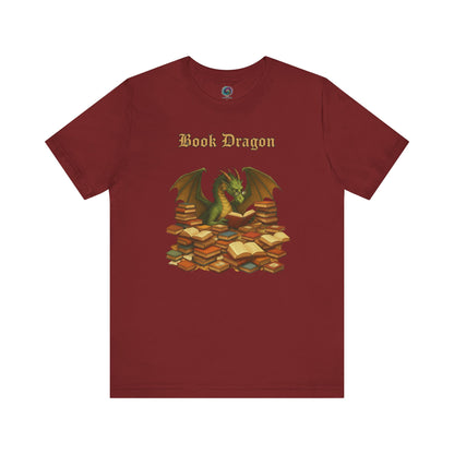 Book Dragon T-Shirt – Funny Book Lover Shirt printed on cardinal red, featuring a dragon surrounded by a book pile