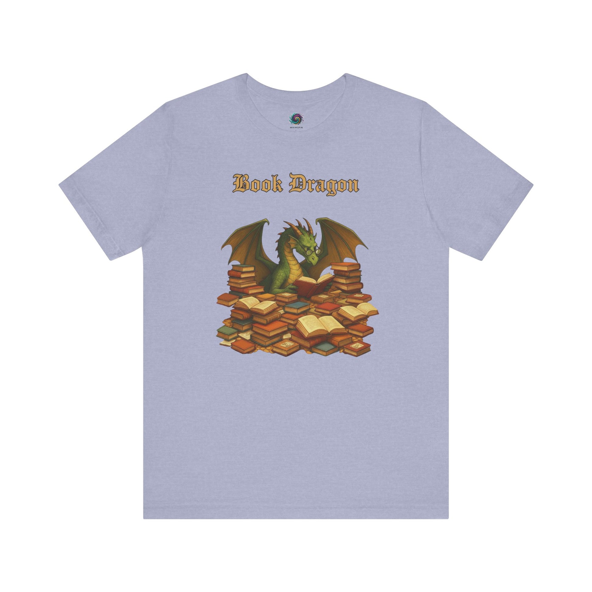 Book Dragon T-Shirt – Funny Book Lover Shirt on heather blue with a dragon perched on books for literary lovers