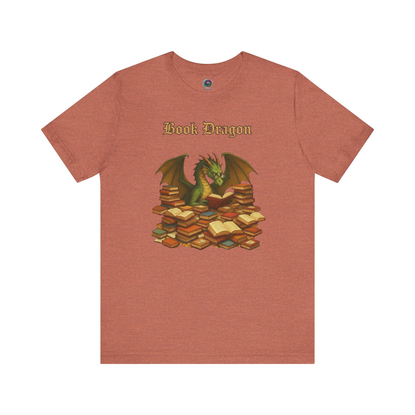 Book Dragon T-Shirt – Funny Book Lover Shirt on heather clay with a book-hoarding dragon in warm tones