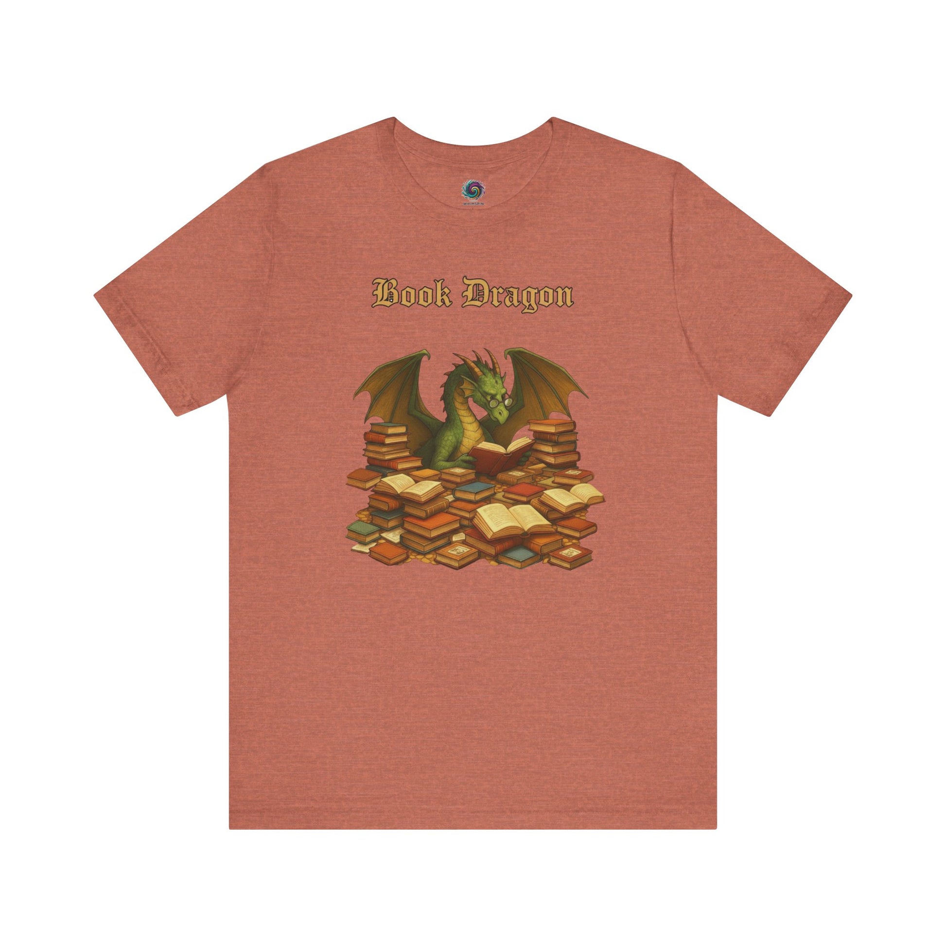 Book Dragon T-Shirt – Funny Book Lover Shirt on heather clay with a book-hoarding dragon in warm tones