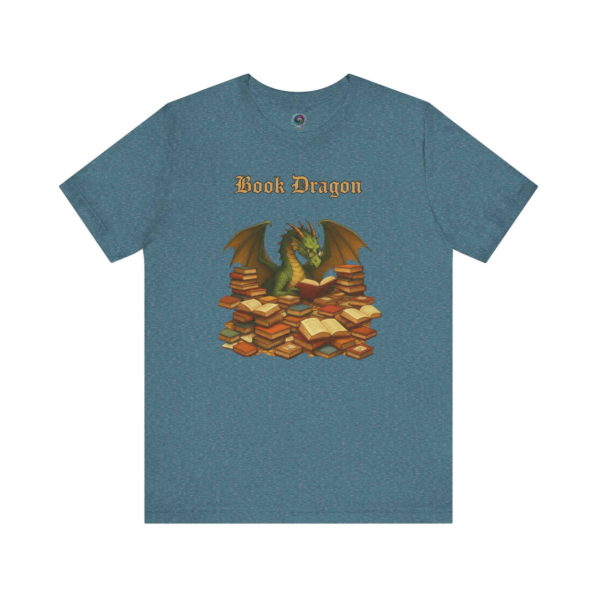 Book Dragon T-Shirt – Funny Book Lover Shirt on heather deep teal, with a dragon curled up atop a reading hoard