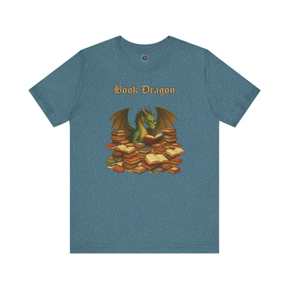 Book Dragon T-Shirt – Funny Book Lover Shirt on heather deep teal, with a dragon curled up atop a reading hoard