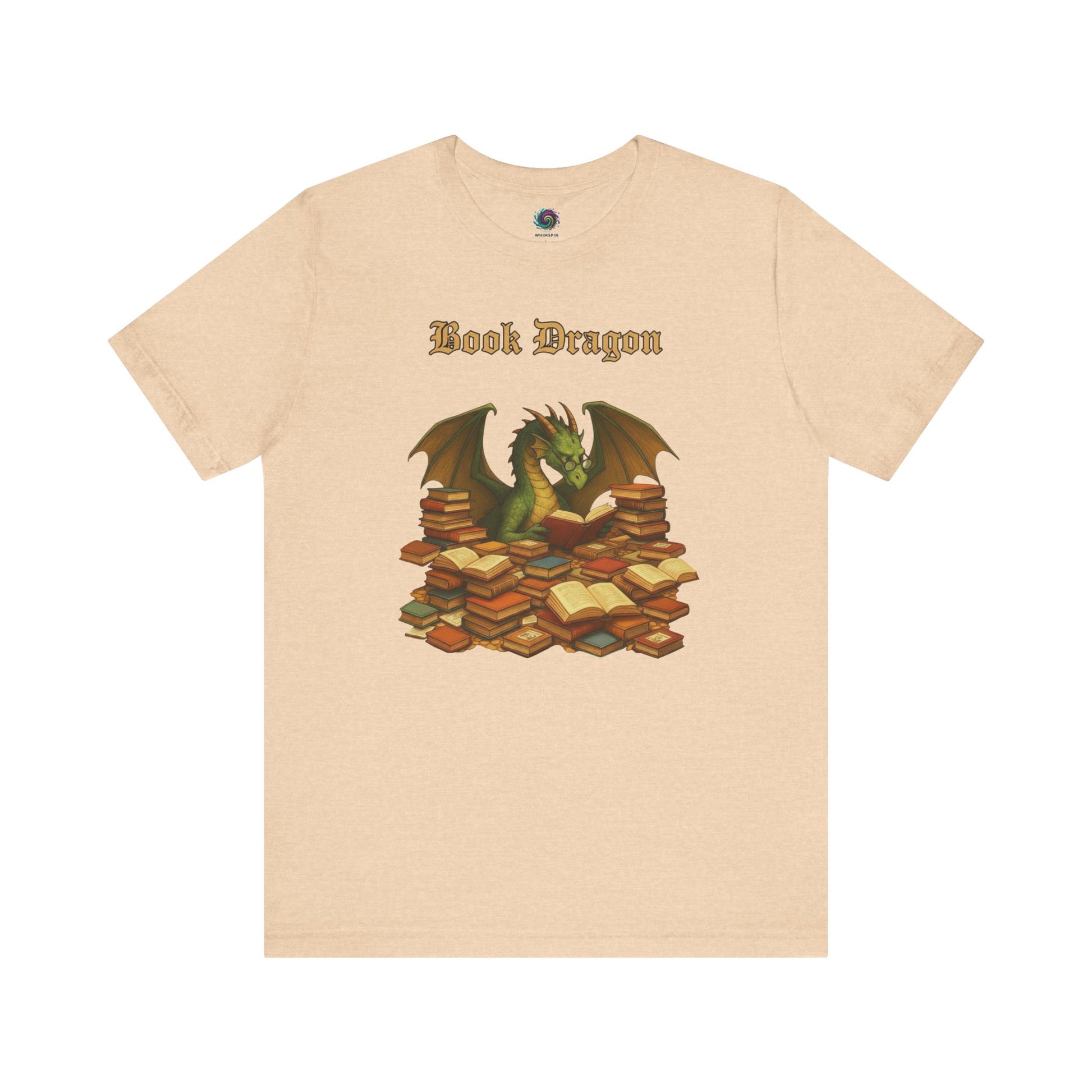 Book Dragon T-Shirt – Funny Book Lover Shirt on soft sand dune, featuring a dragon with a book treasure hoard
