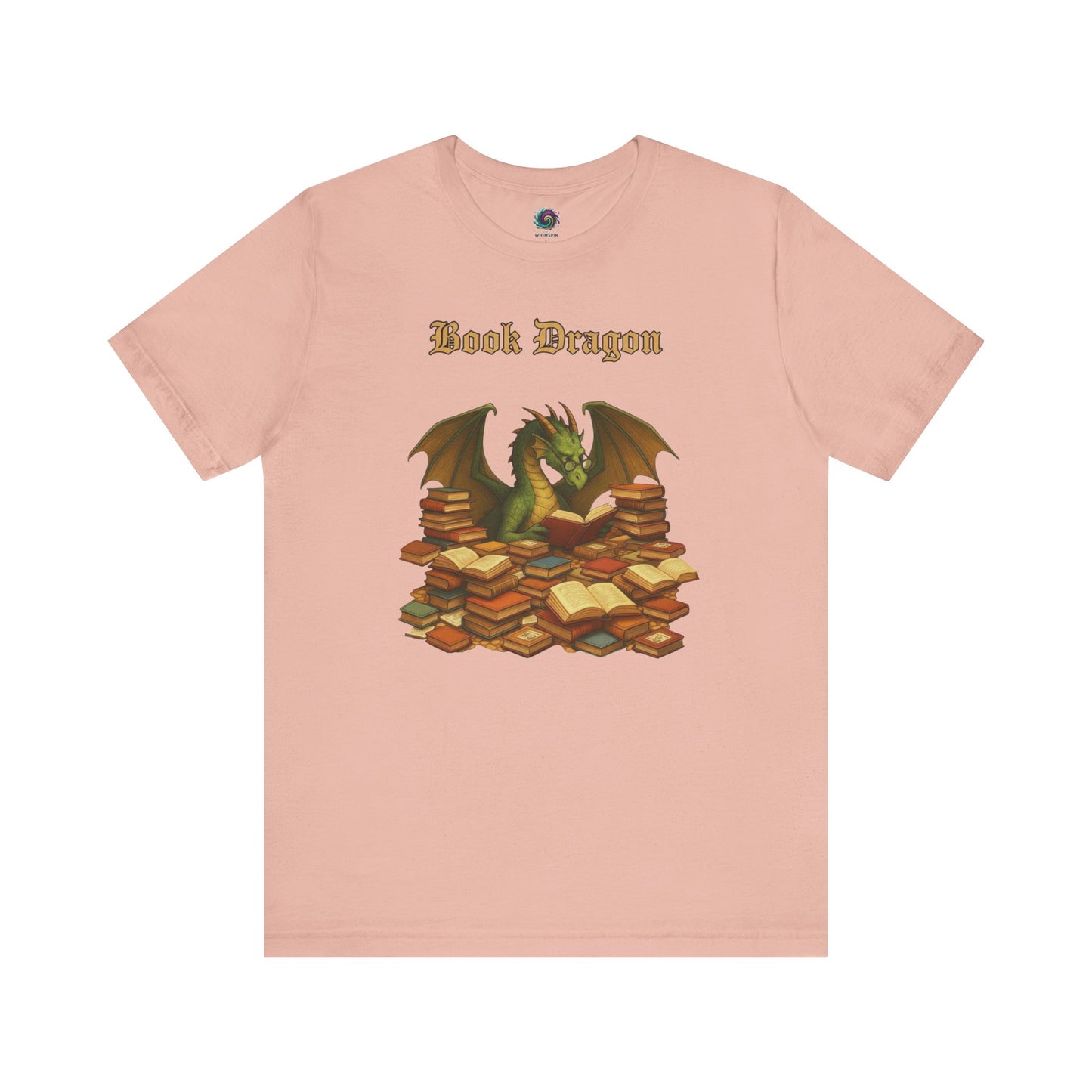 Book Dragon T-Shirt – Funny Book Lover Shirt on peach, featuring a dragon curled around piles of literature