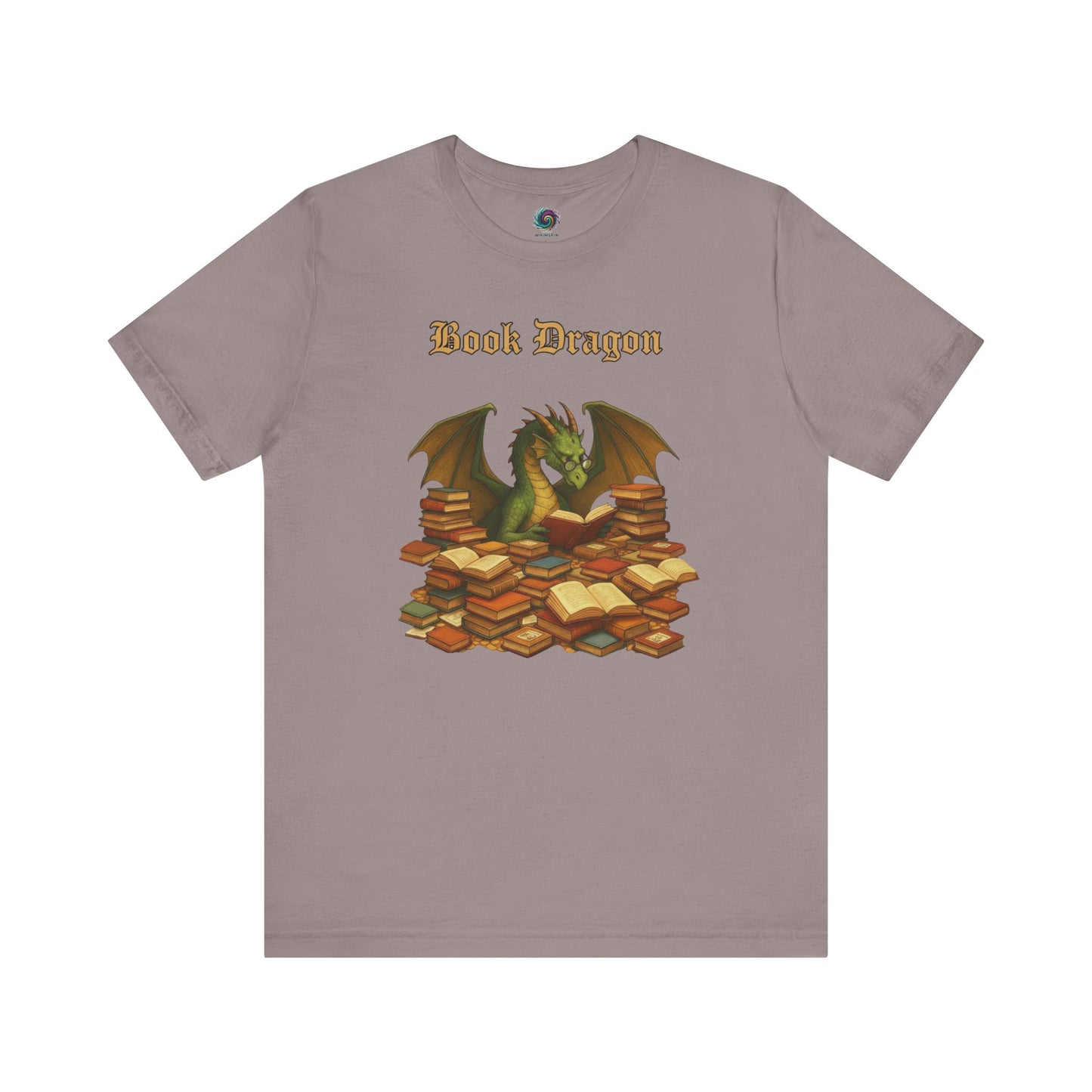Book Dragon T-Shirt – Funny Book Lover Shirt printed on pebble brown with a dragon surrounded by fantasy novels