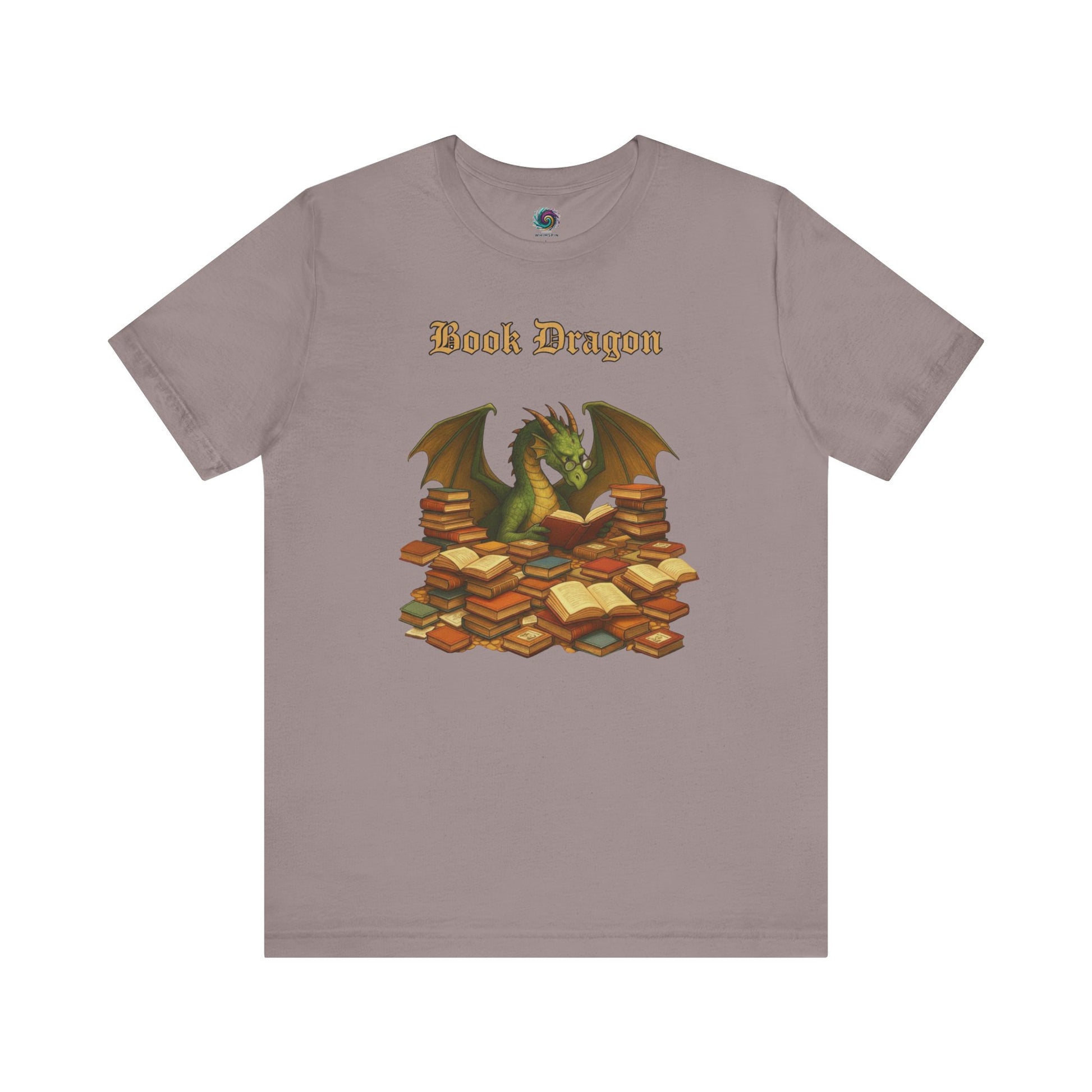 Book Dragon T-Shirt – Funny Book Lover Shirt printed on pebble brown with a dragon surrounded by fantasy novels