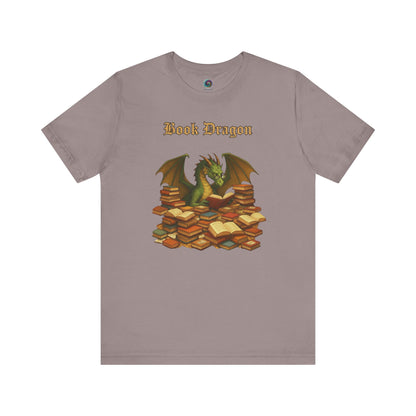 Book Dragon T-Shirt – Funny Book Lover Shirt printed on pebble brown with a dragon surrounded by fantasy novels