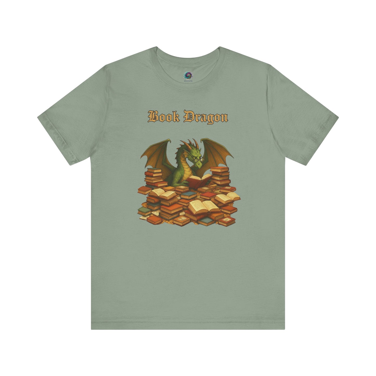 Book Dragon T-Shirt – Funny Book Lover Shirt on sage green, with a cozy dragon among beloved books