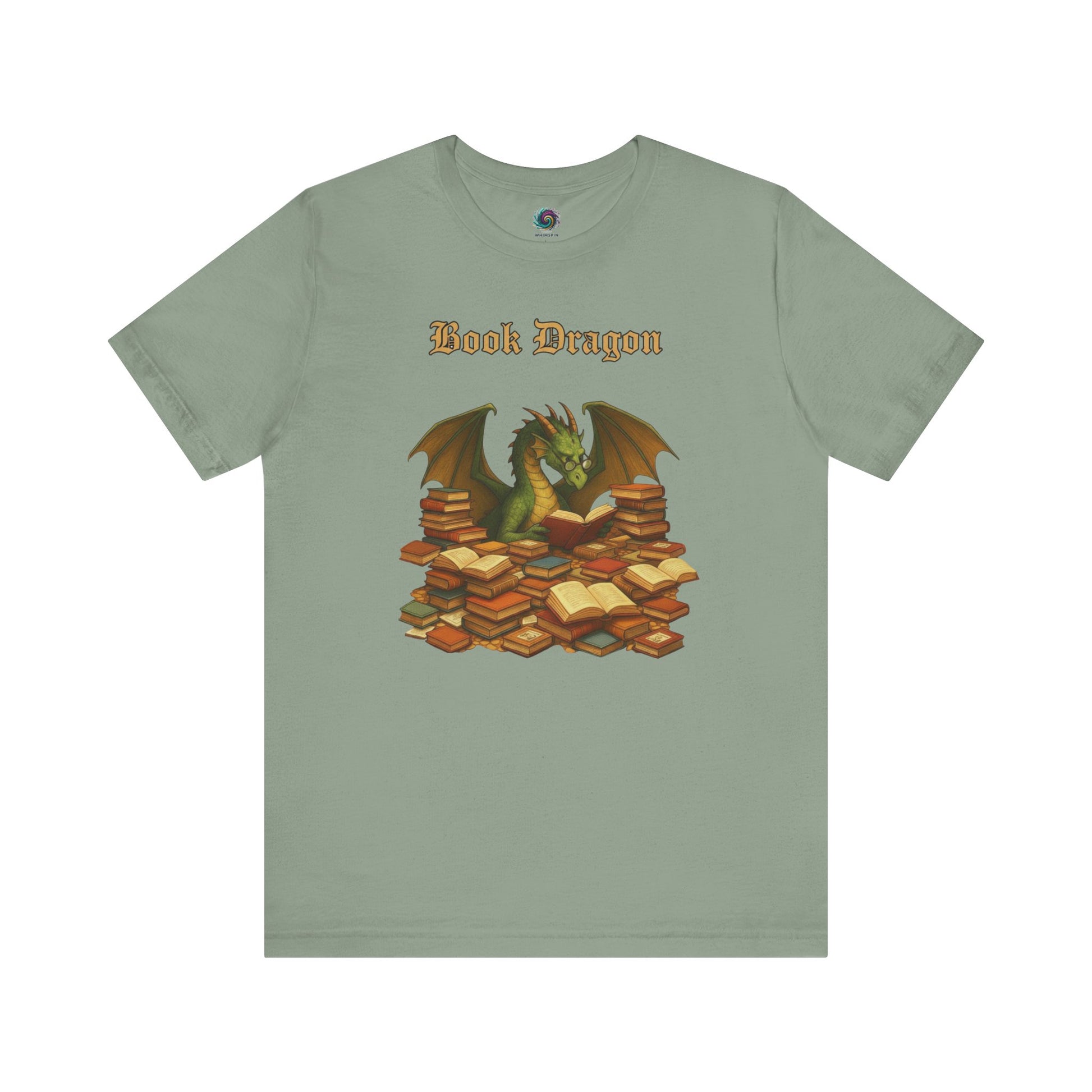 Book Dragon T-Shirt – Funny Book Lover Shirt on sage green, with a cozy dragon among beloved books