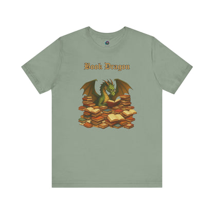 Book Dragon T-Shirt – Funny Book Lover Shirt on sage green, with a cozy dragon among beloved books