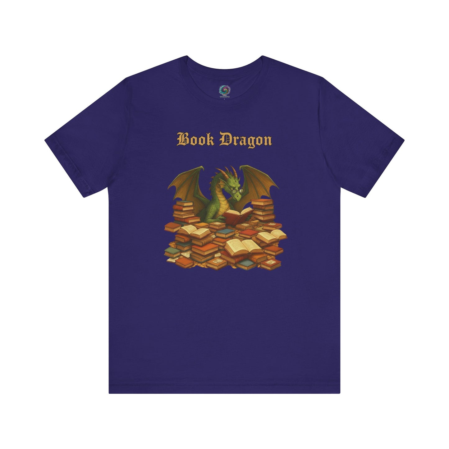 Book Dragon T-Shirt – Funny Book Lover Shirt on team navy with a fantasy dragon guarding book stacks