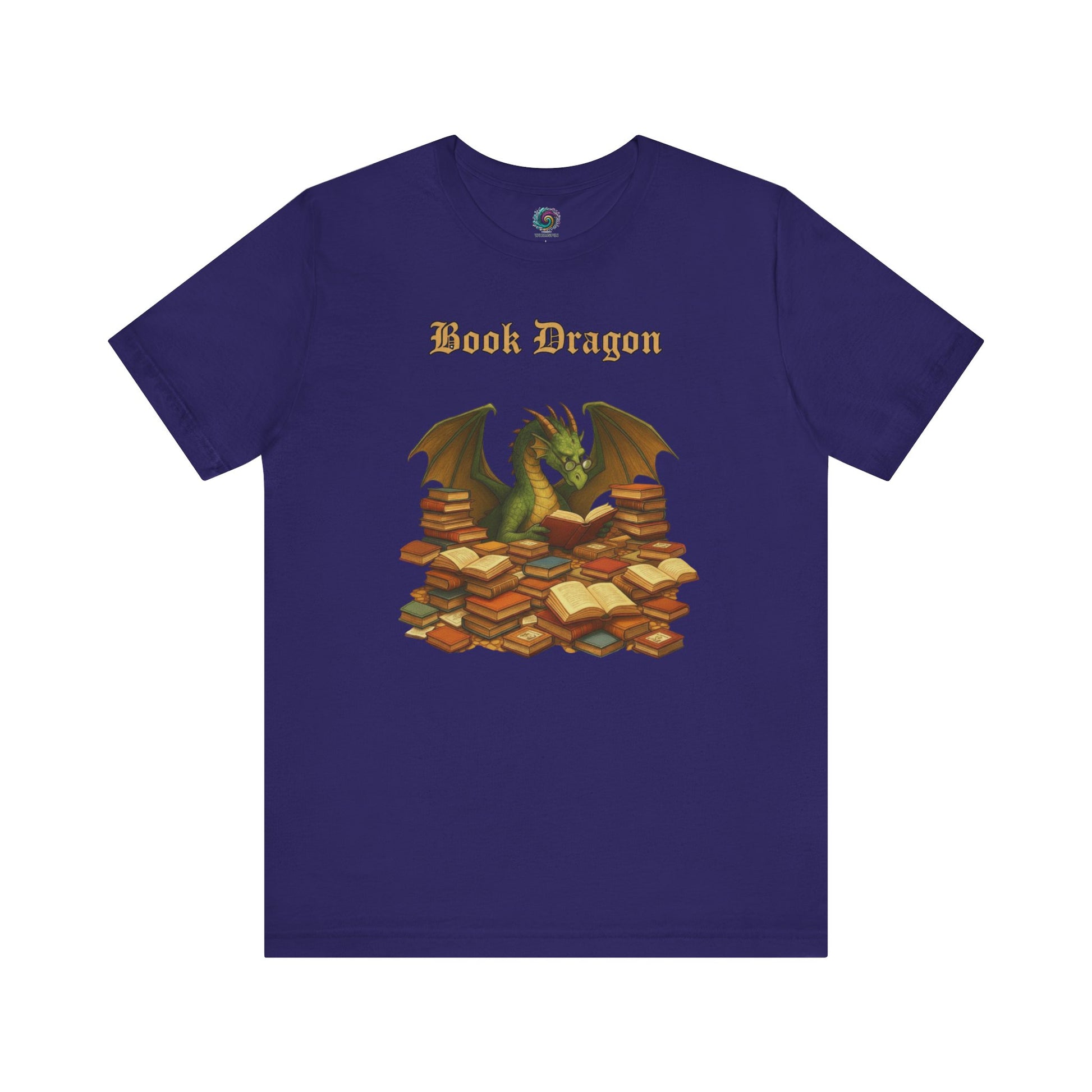 Book Dragon T-Shirt – Funny Book Lover Shirt on team navy with a fantasy dragon guarding book stacks
