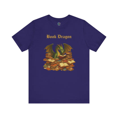 Book Dragon T-Shirt – Funny Book Lover Shirt on team navy with a fantasy dragon guarding book stacks