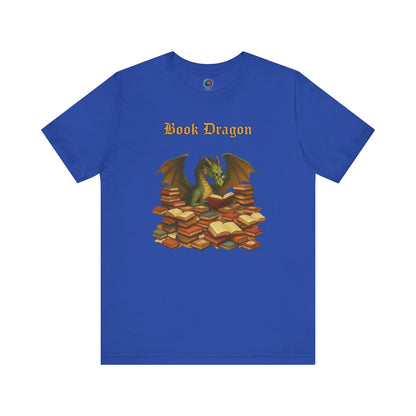 Book Dragon T-Shirt – Funny Book Lover Shirt on true royal blue, showcasing a reading dragon with book lover flair