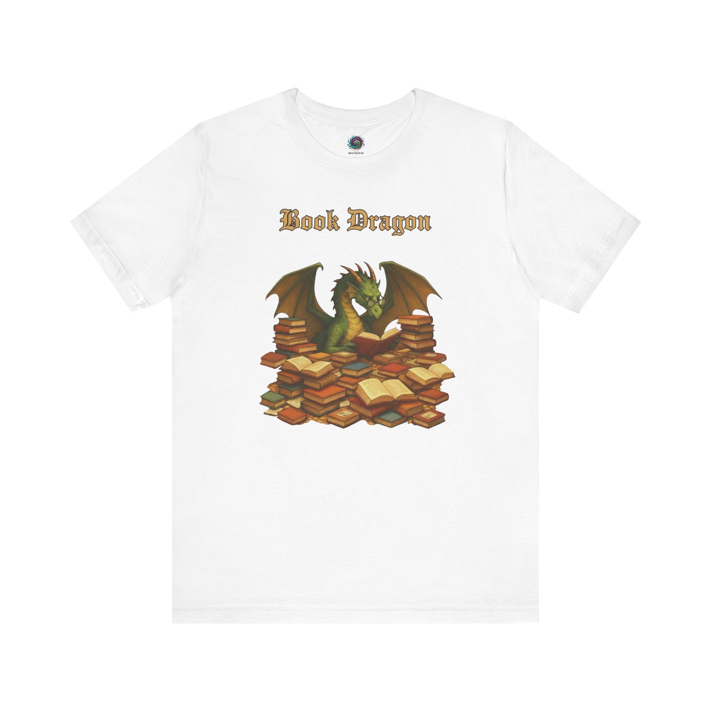 Book Dragon T-Shirt – Funny Book Lover Shirt on white, with a green dragon curled over piles of books