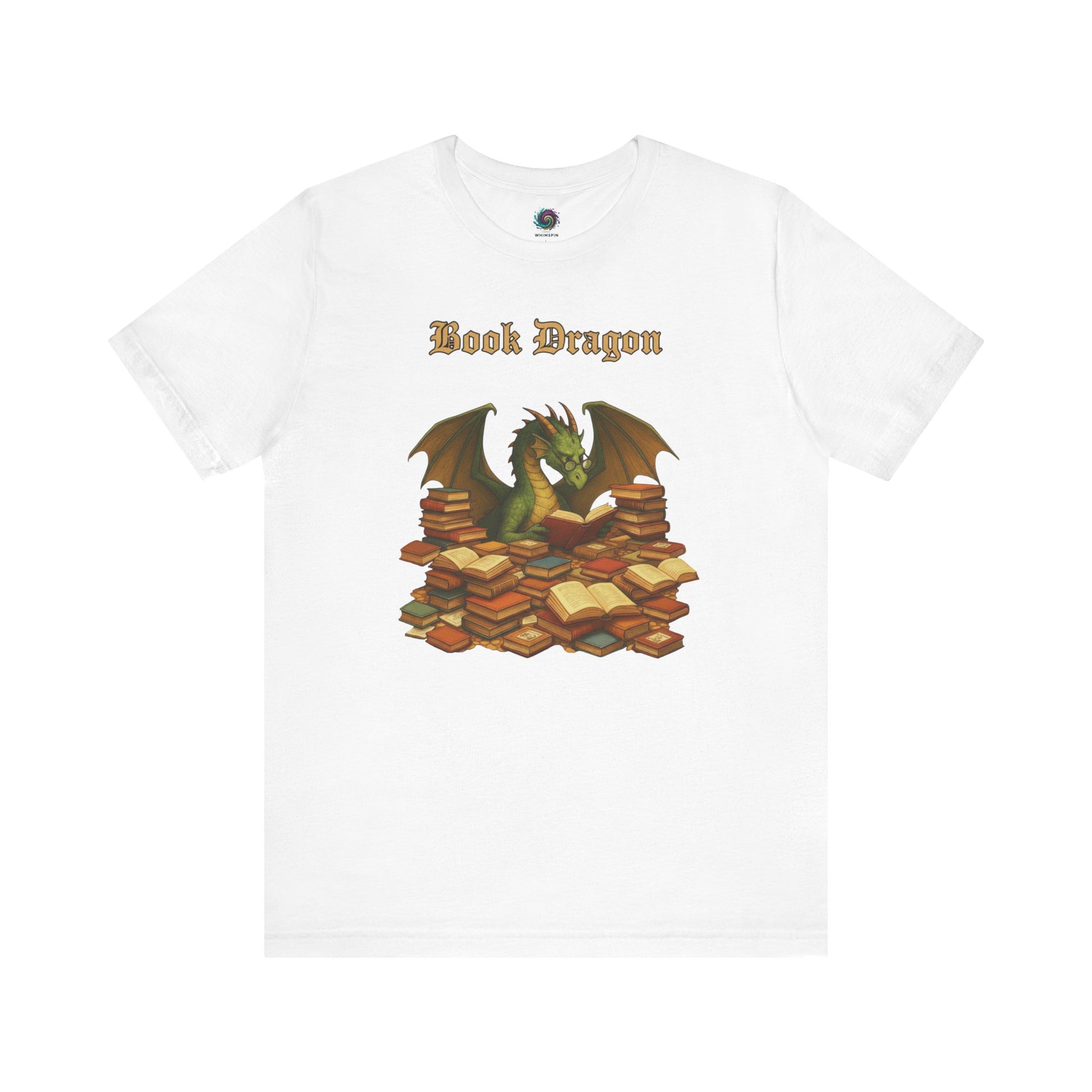 Book Dragon T-Shirt – Funny Book Lover Shirt on white, with a green dragon curled over piles of books