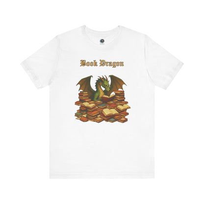 Book Dragon T-Shirt – Funny Book Lover Shirt on white, with a green dragon curled over piles of books